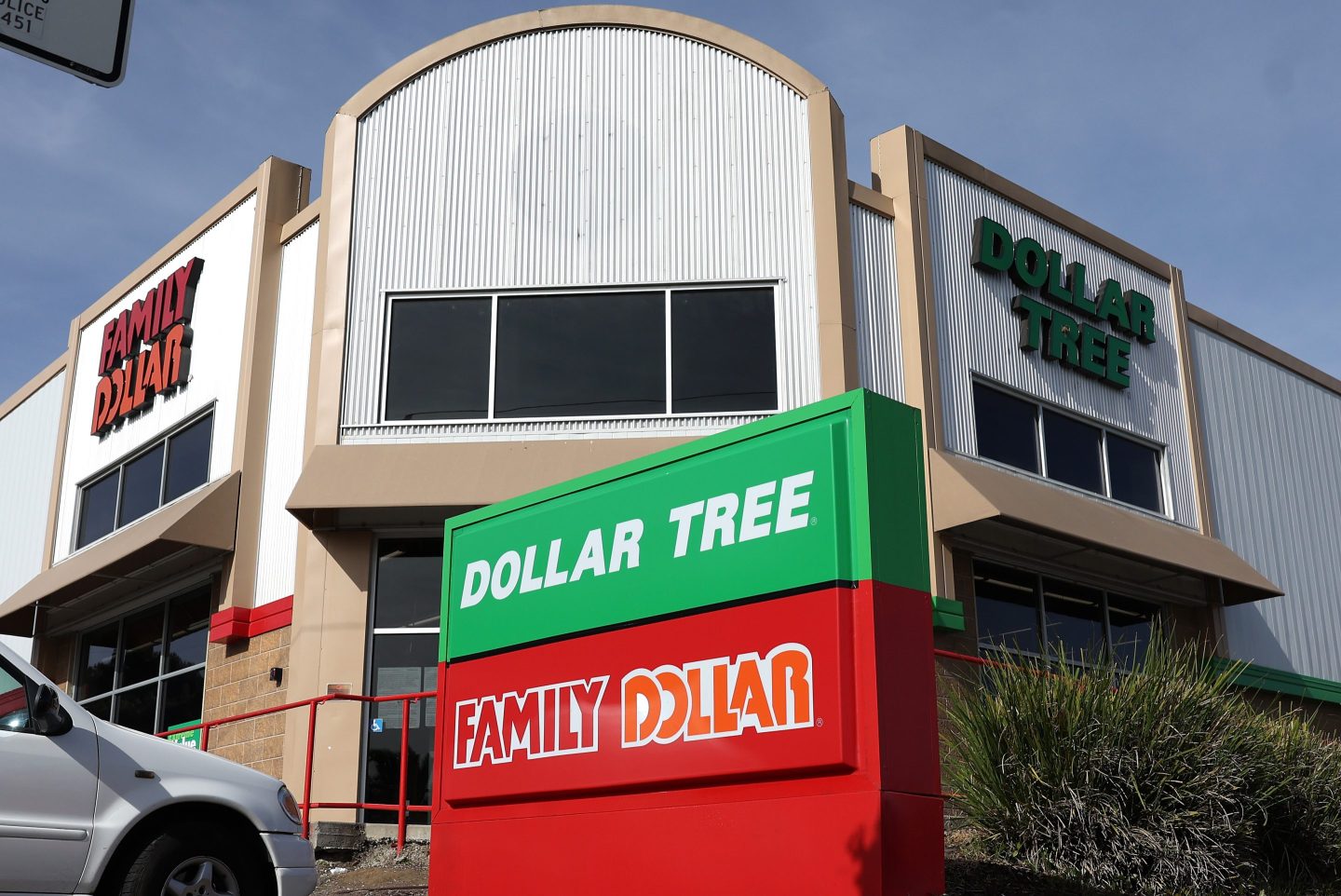 A sign is posted in front of a Dollar Tree and Family Dollar store on March 13, 2024 in Rio Vista, California.