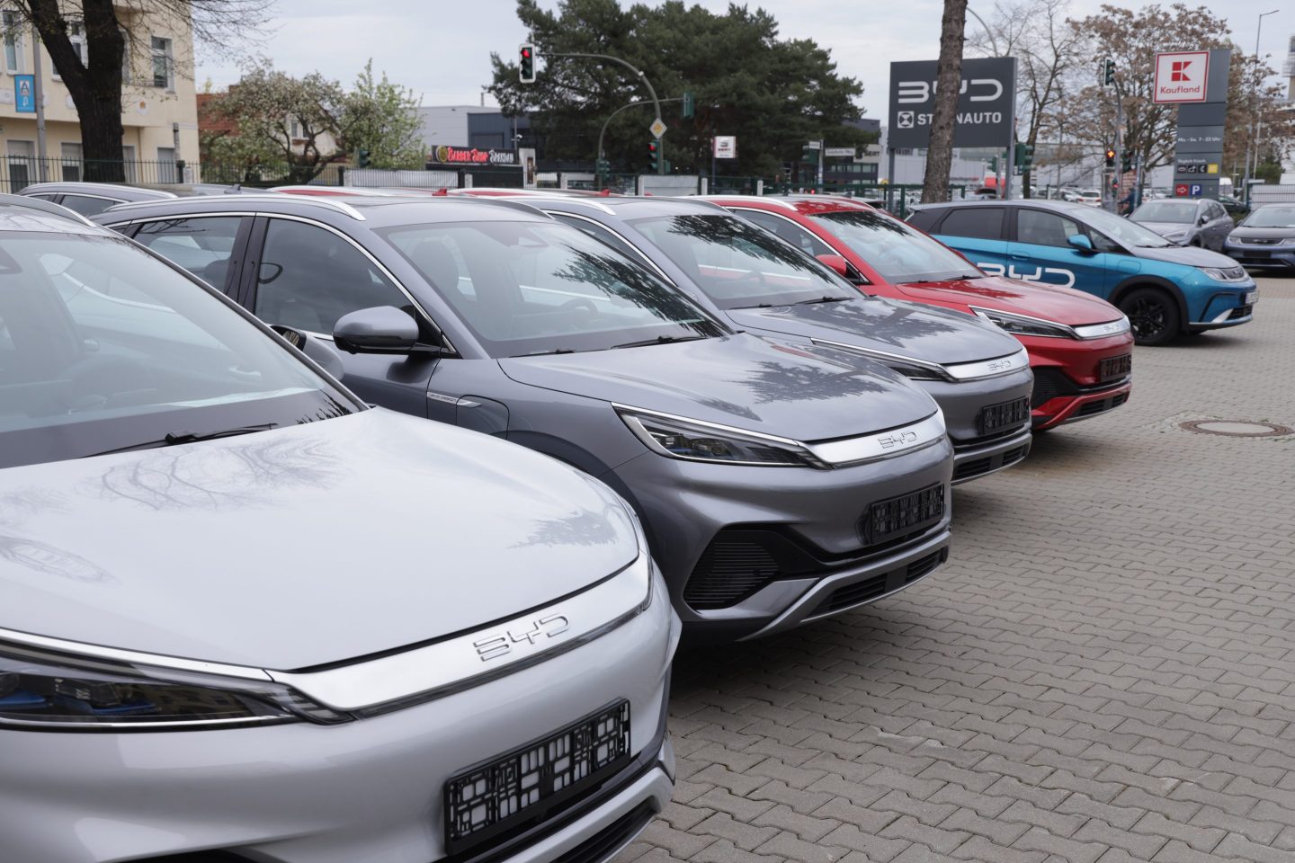 Colorful BYD cars all parked in a line