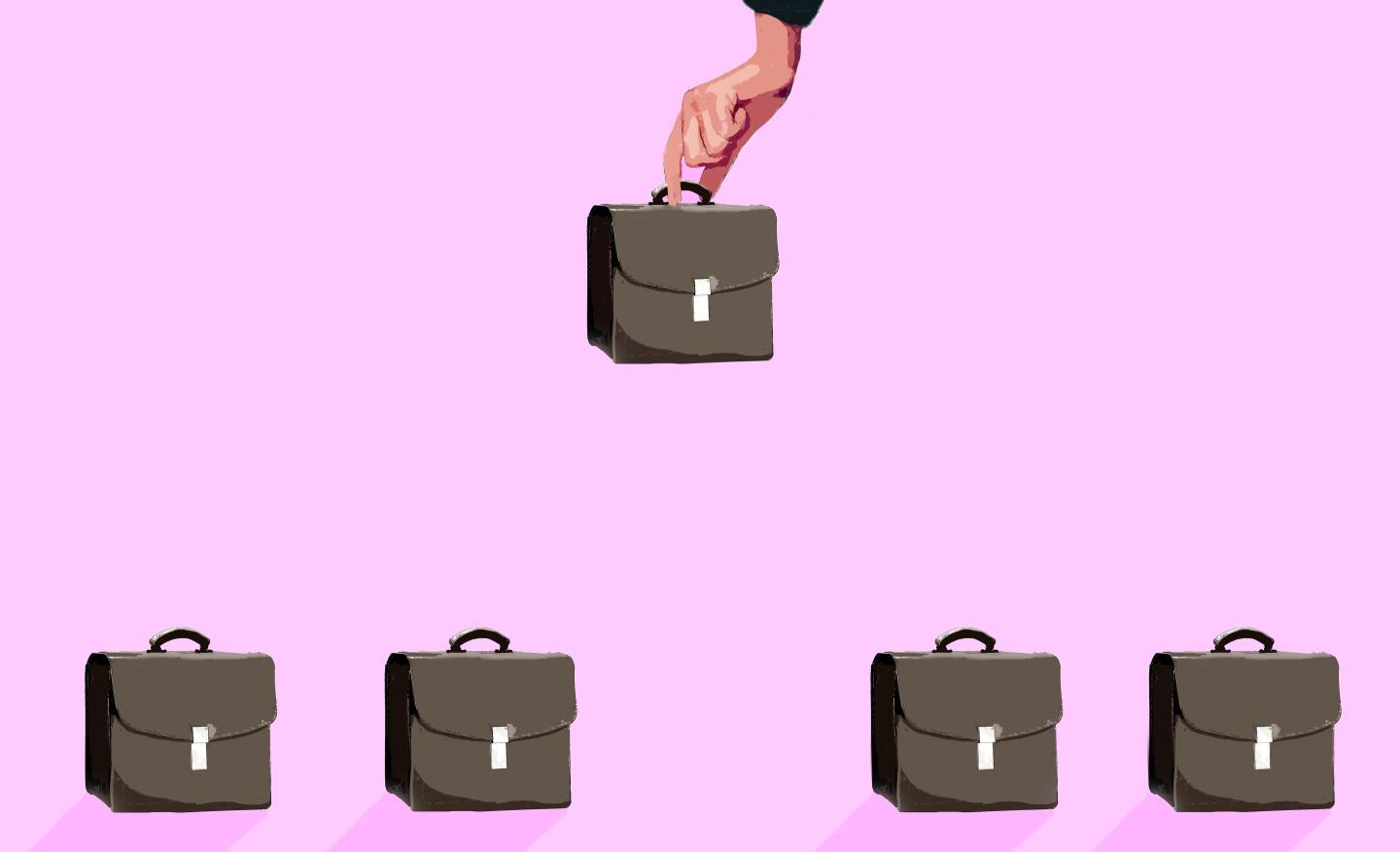 A hand reaching for a briefcase to suggest choosing a job applicant.