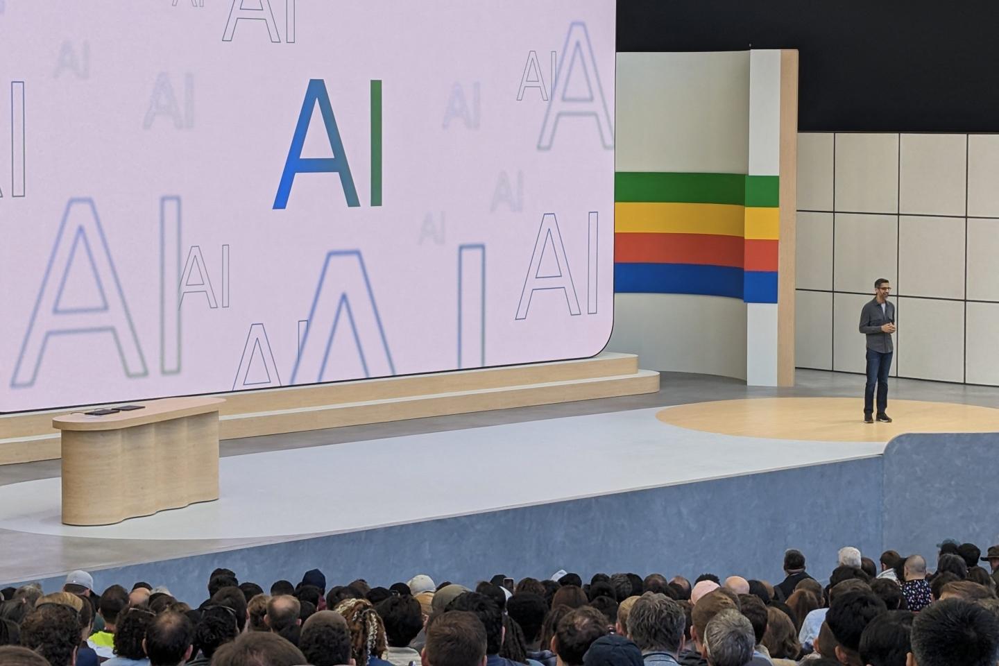 Sundar Pichai speaks to employees at the annual Google I/O developers conference in May 2024.