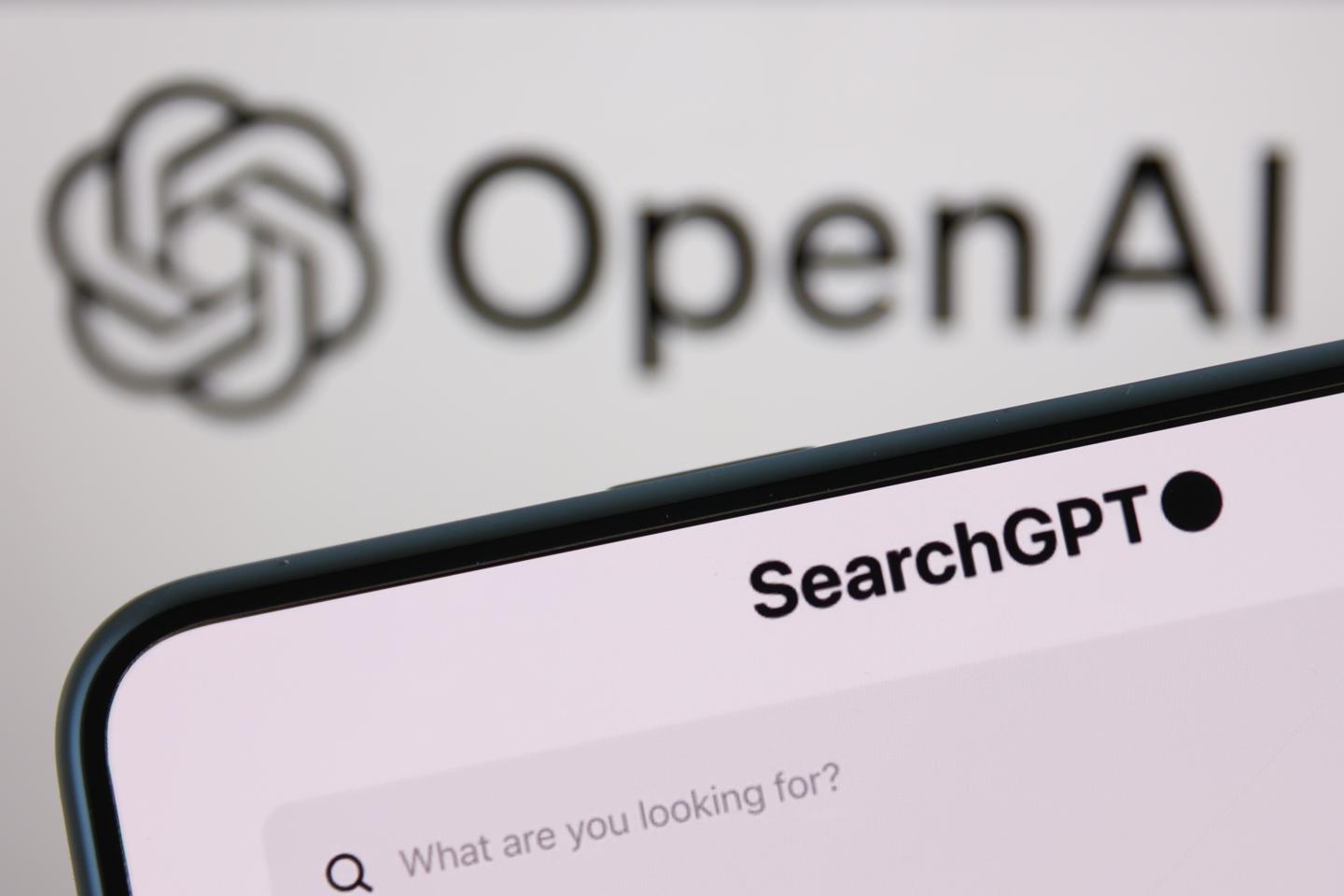 An image of OpenAI's SearchGPT with the company's logo in the background.