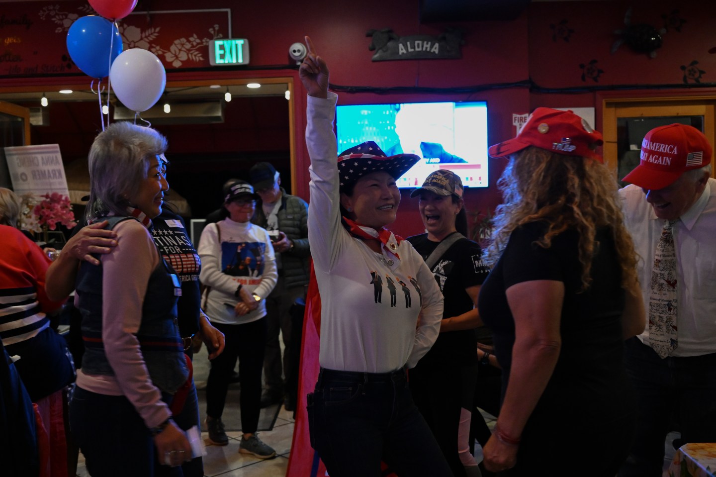 Trump supporters are gathered at a Republican Watch Party for 2024 Presidential Elections in San Carlos, California, United States on November 5, 2024.