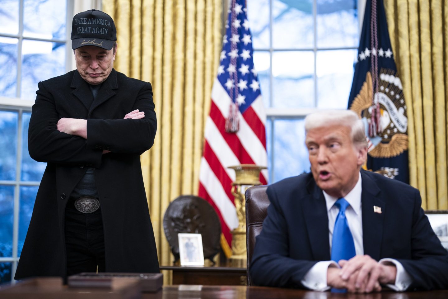 Elon Musk speaks with President Donald J Trump and reporters in the Oval Office at the White House on Tuesday, Feb 11, 2025 in Washington, DC.