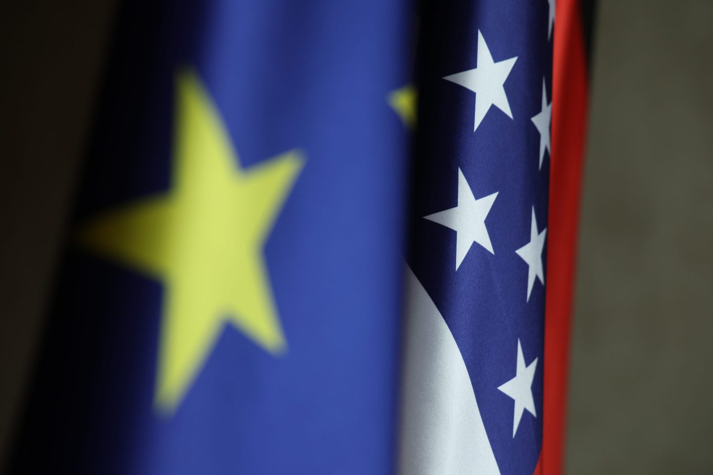 Flags of the European Union and the United States hang at the 61st Munich Security Conference in Munich, Germany.