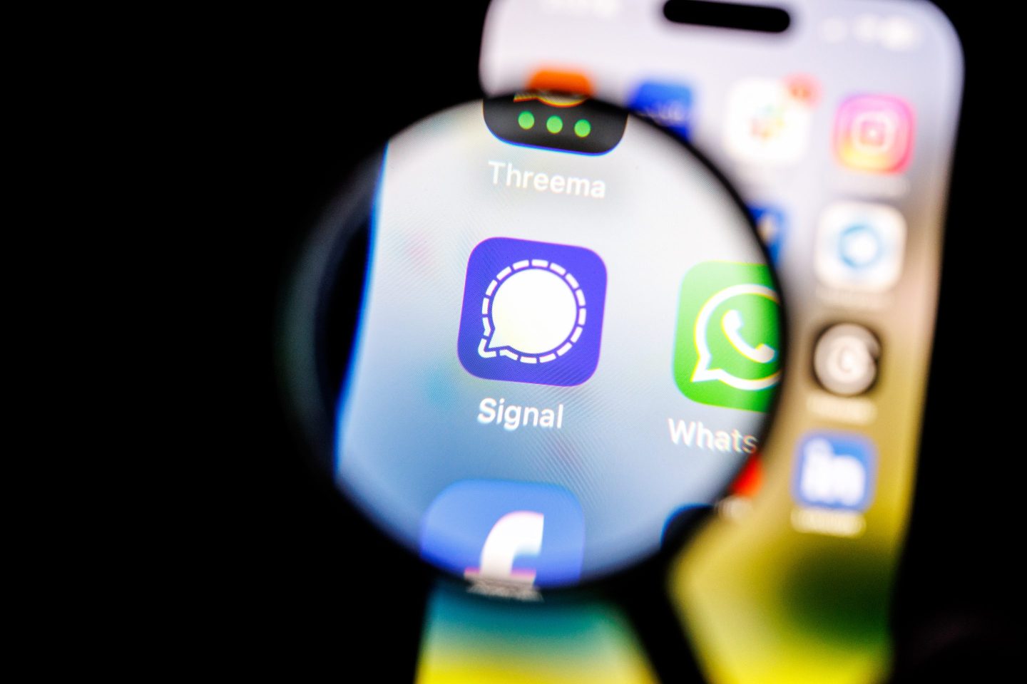 The Signal app logo can be seen through a magnifying glass on the display of a smartphone