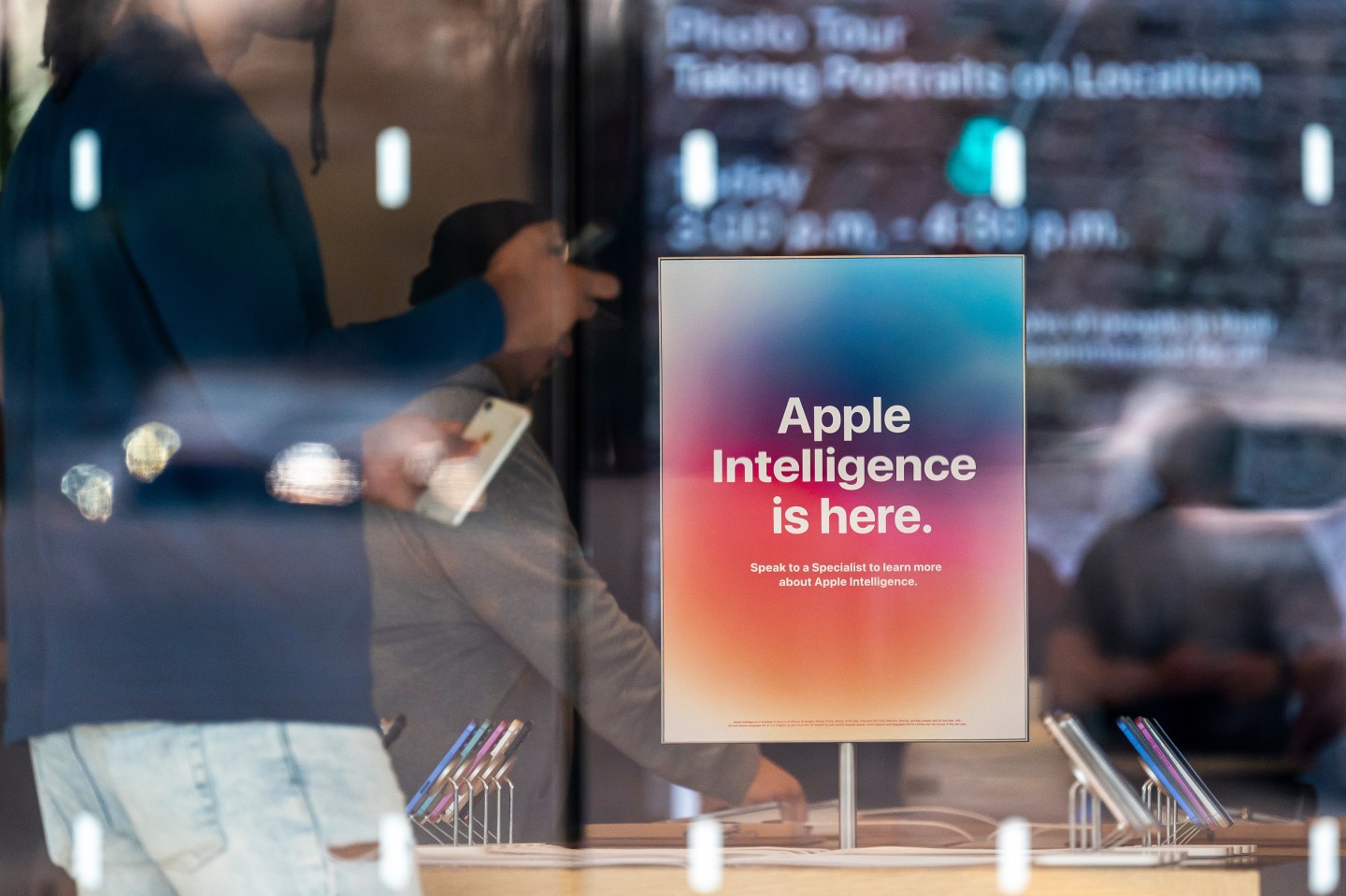Signage for Apple Intelligence inside an Apple store in Walnut Creek, Calif. on Feb. 24, 2025. (Photo: David Paul Morris/Bloomberg/Getty Images)
