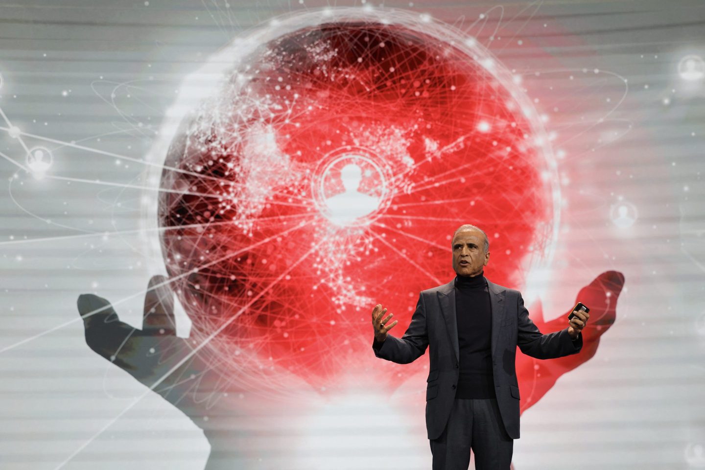 Sunil Bharti Mittal, founder and chairman of Bharti Enterprises, delivers a speech at MWC, the world's biggest mobile fair, in Barcelona on March 3, 2025.