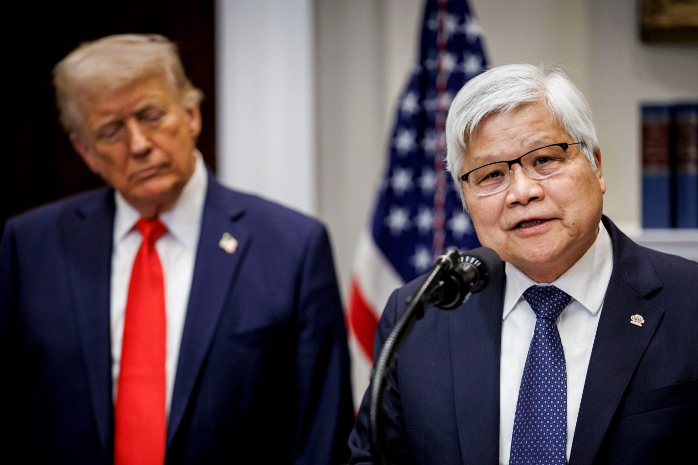 From left: U.S. President Donald Trump and TSMC CEO C.C. Wei at the White House in Washington, D.C. on March 3, 2025. (Photo: Samuel Corum/Sipa/Bloomberg/Getty Images)