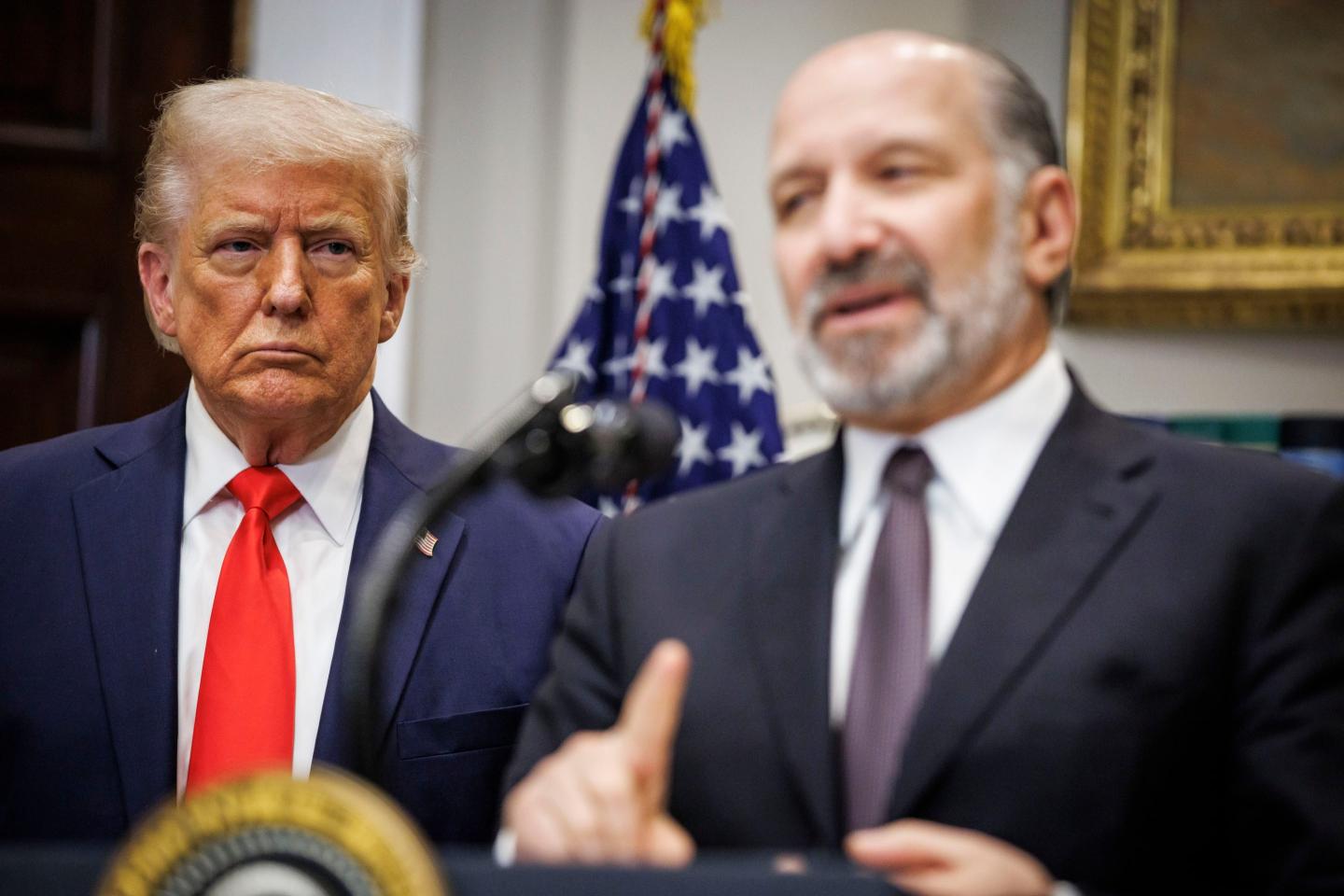 US President Donald Trump, left, and Howard Lutnick, US commerce secretary, during an investment announcement in the Roosevelt Room of the White House in Washington, DC, US, on Monday, March 3, 2025.
