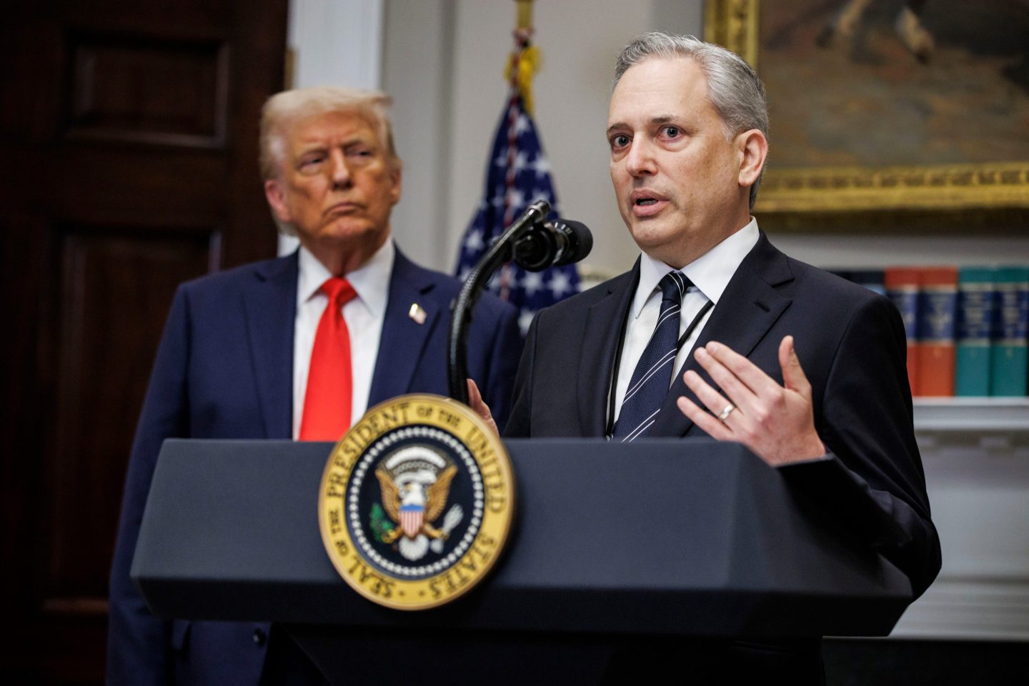 David Sacks speaks at a press conference from the White House.