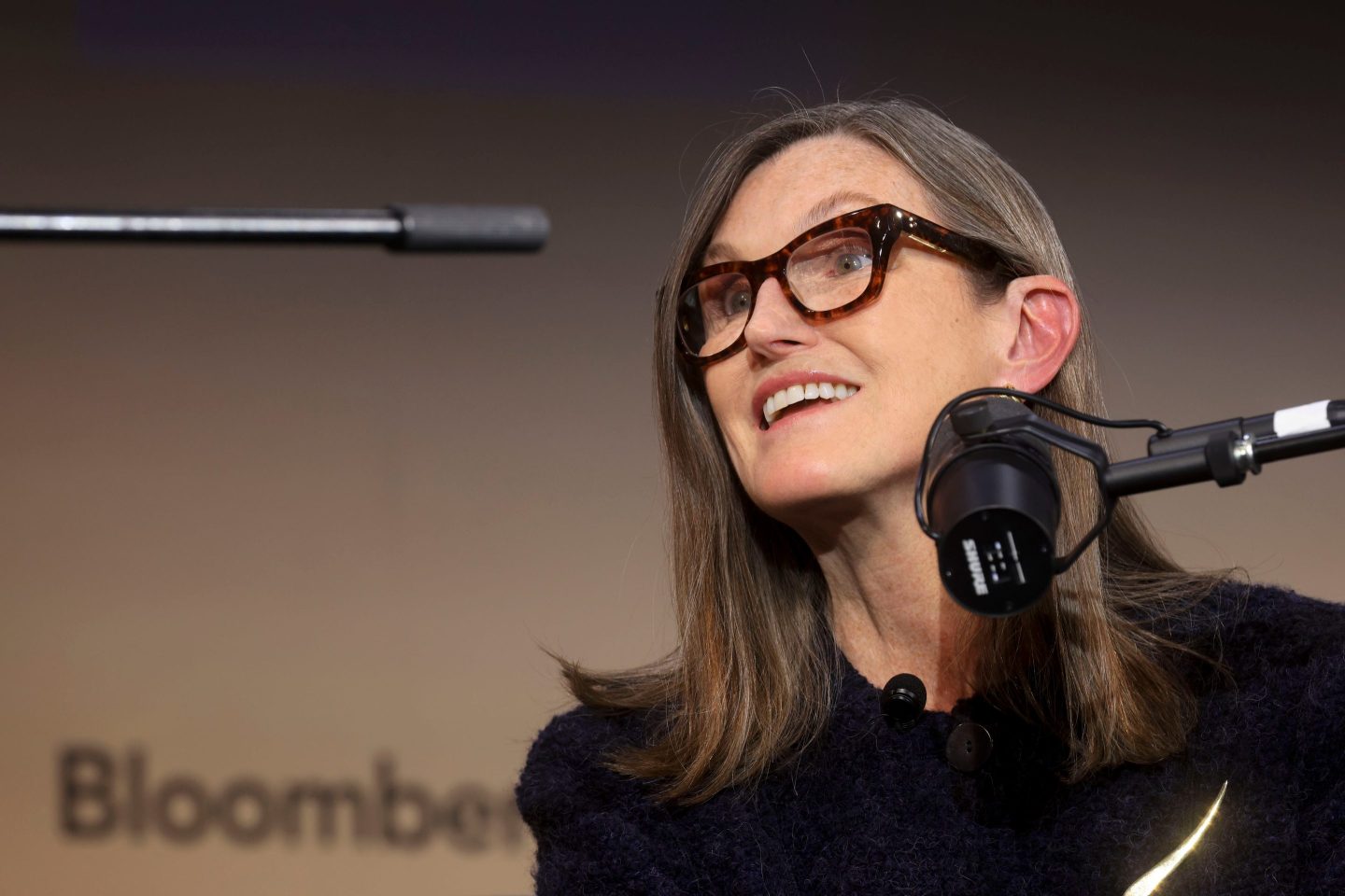 Cathie Wood, chief executive officer of Ark Investment Management LLC, talks into a microphone during the Bloomberg Invest event in New York, US, on Tuesday, March 4, 2025.