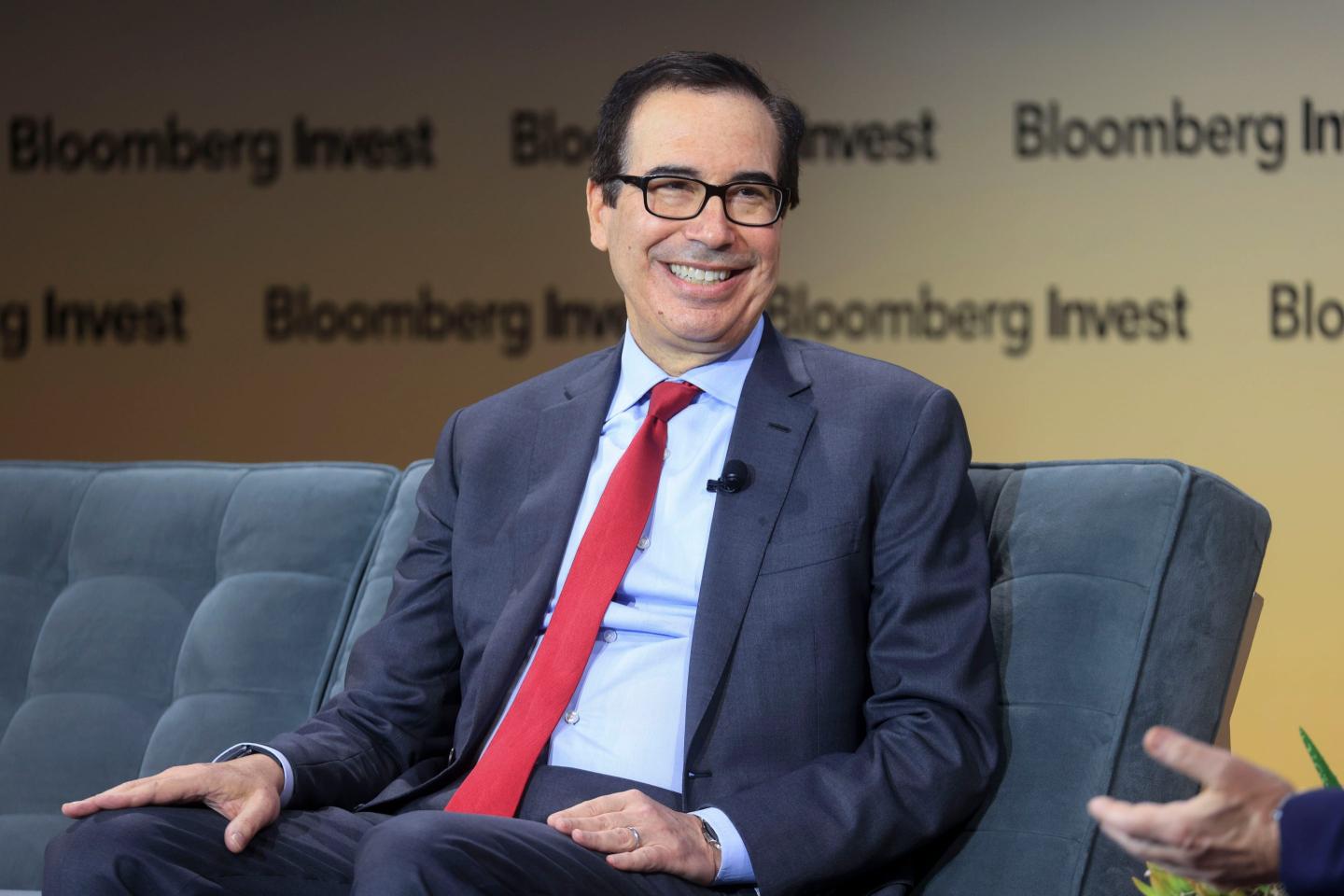 Steven Mnuchin, founder and managing partner at Liberty Strategic Capital and former US treasury secretary, smiles on stage during the Bloomberg Invest event in New York, US, on Wednesday, March 5, 2025.