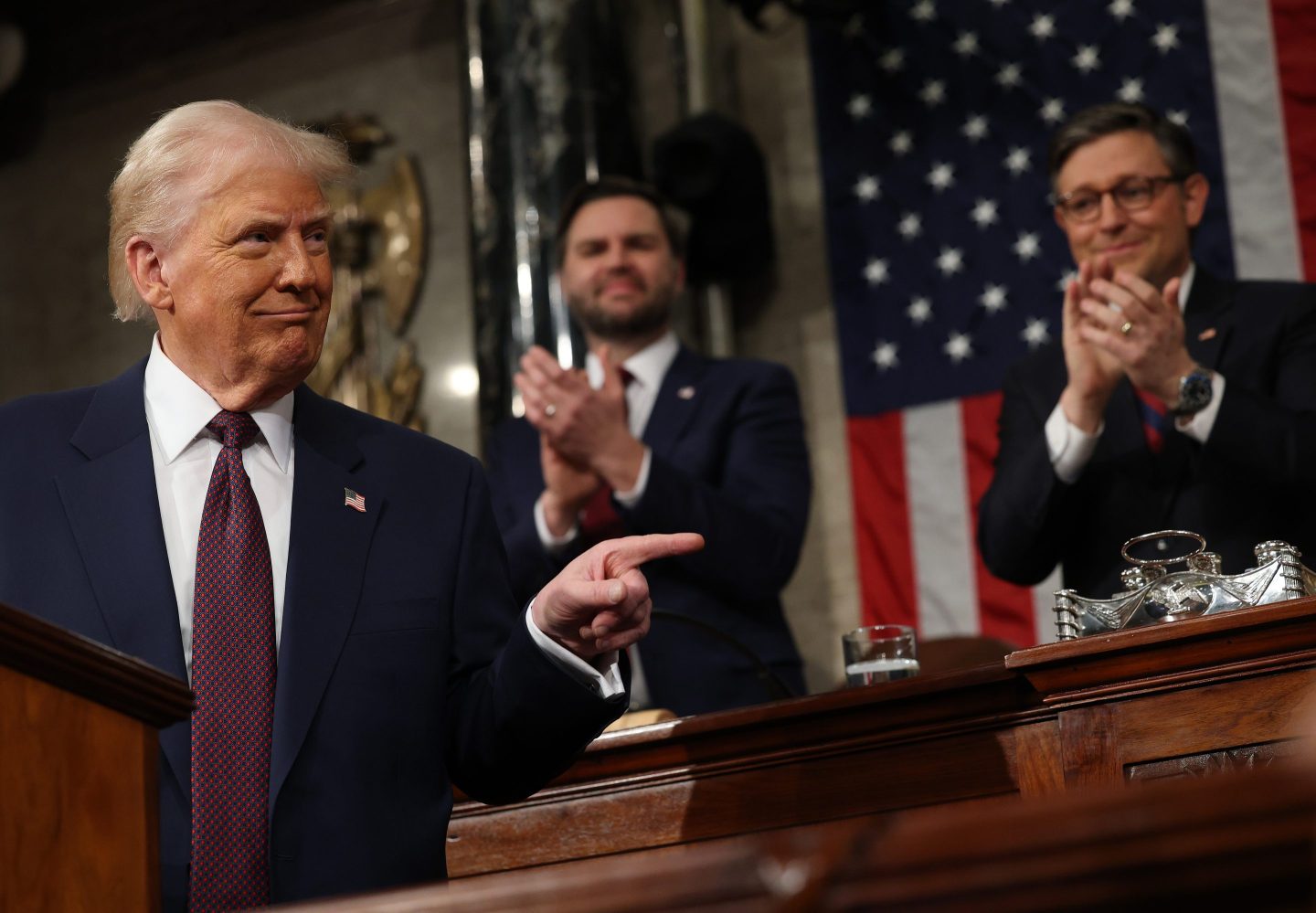 Donald Trump points to the crowd during the State of the Union address in February 2025