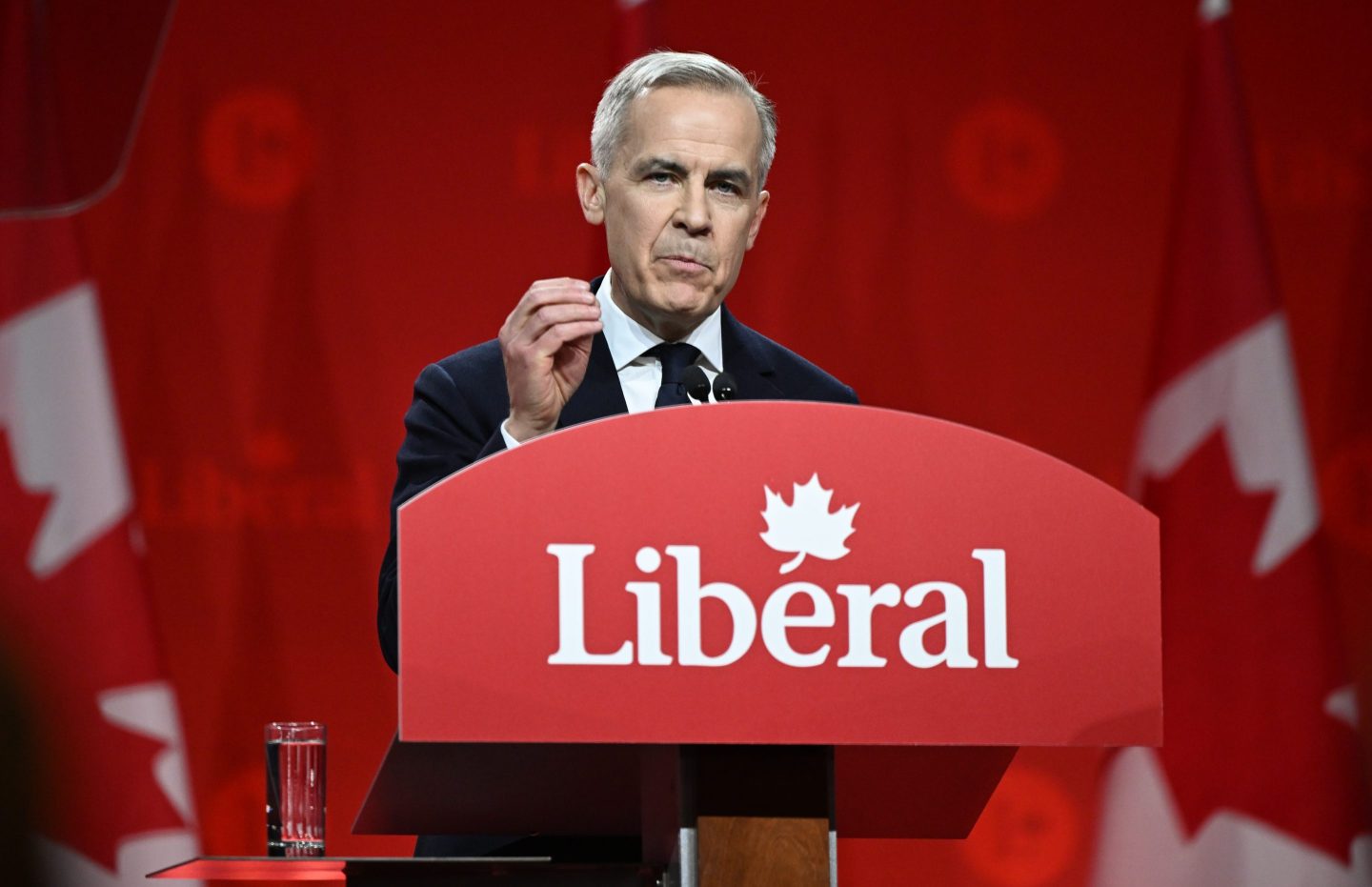 Mark Carney, newly elected as the leader of the Liberal Party of Canada, delivers his victory address following the official announcement of the 2025 Liberal Leadership race results at Rogers Centre, in Ottawa, Ontario, Canada, on March 9, 2025.