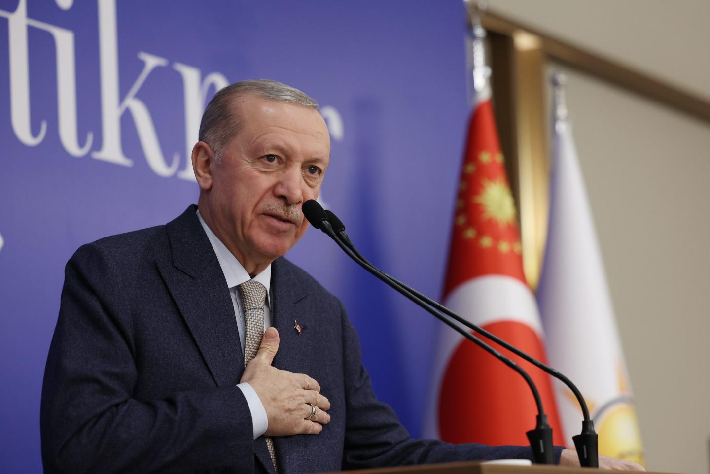 Turkish President and leader of the Justice and Development (AK) Party, Recep Tayyip Erdogan speaks during the Iftar dinner with members of the AK Party's CDAC and Women's, Youth and Other Branches at the AK Party Congress Centre in Ankara, Turkiye on March 17, 2025.