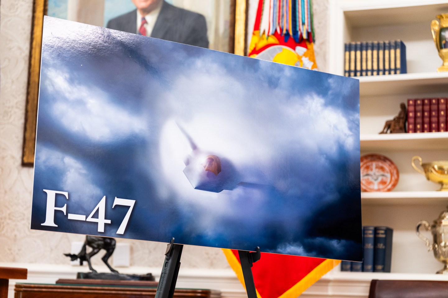 The F-47 6th generation fighter jet in the Oval Office of the White House on Friday March 21, 2025. (Photo: Demetrius Freeman/The Washington Post/Getty Images)