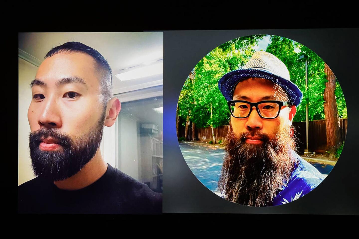 Police display photos of Paul Hyon Kim on a television screen during a press conference on Thursday, March 27, 2025, at Metro Police Headquarters. Kim, 36, was arrested in connection with the fires set at a Tesla service center the week prior.