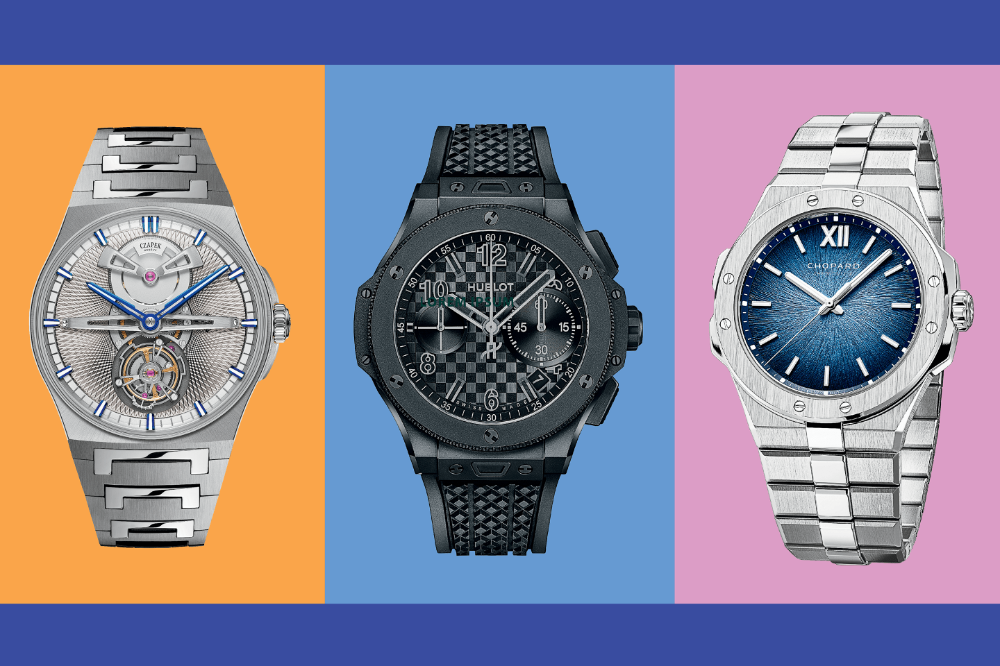 (L-R) Czapek Antarctique Tourbillon, Hublot Big Bang and Chopard Alpine Eagle 41 Xp Cs Platinum.