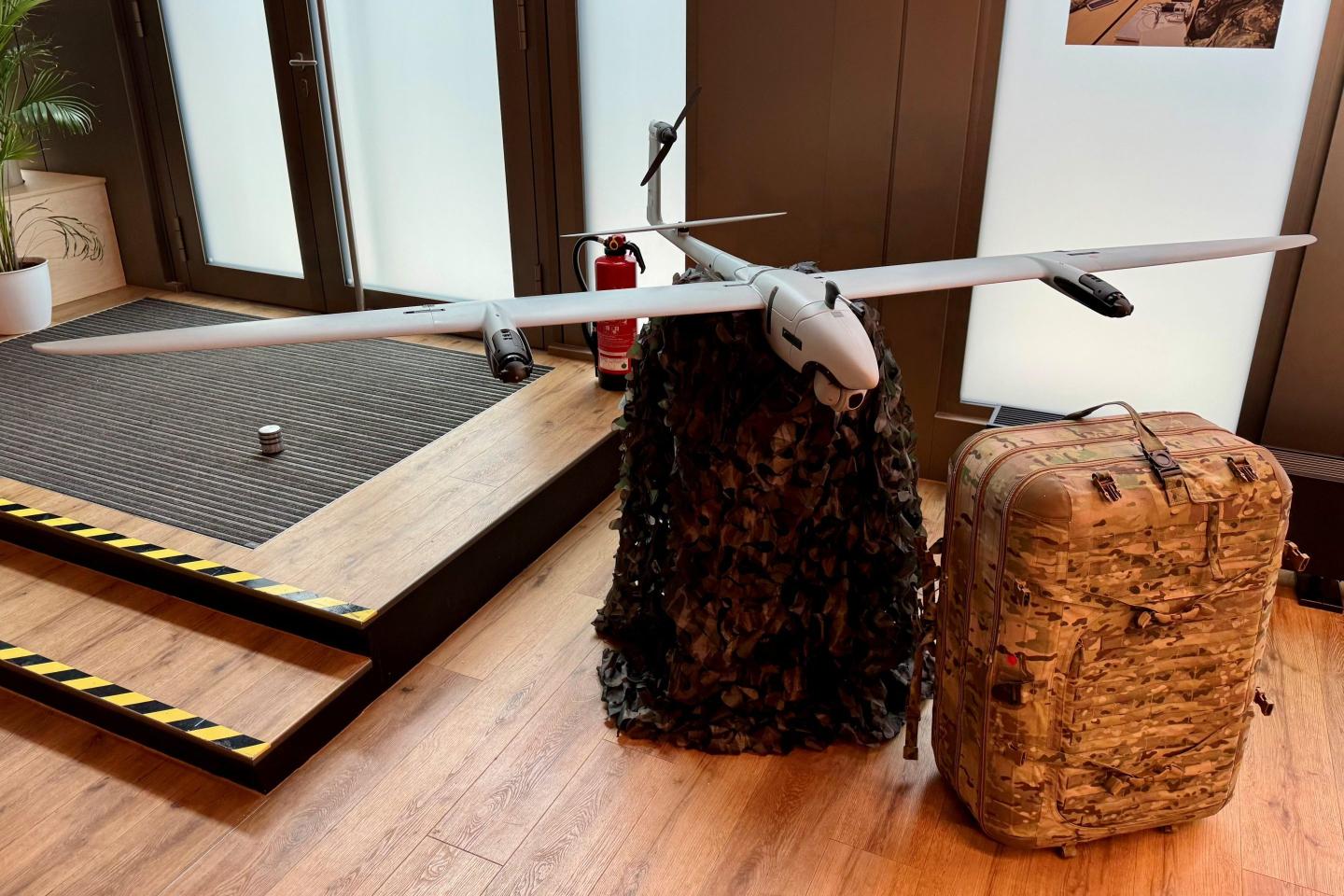 A full-scale model of the Quantum Systems Vector eVTOL drone, in the company's Berlin office.