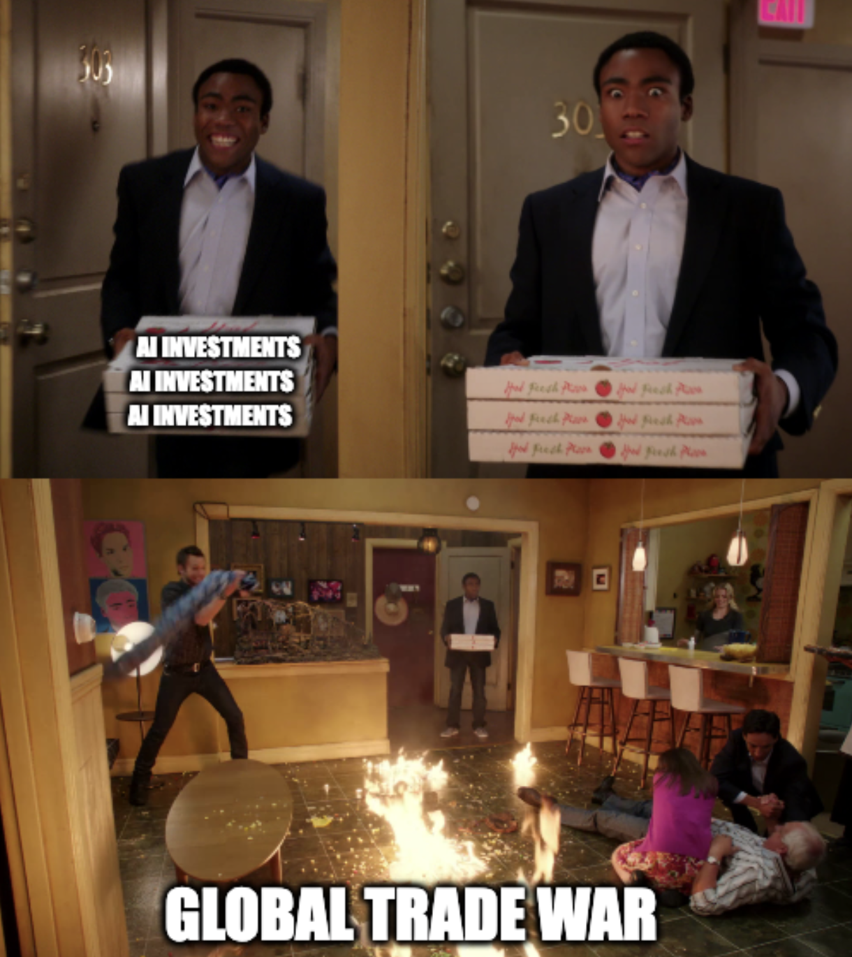 A meme featuring the character Troy from the series "Community" carrying pizza labeled "AI investments" and walking into pandemonium labeled "global trade war"