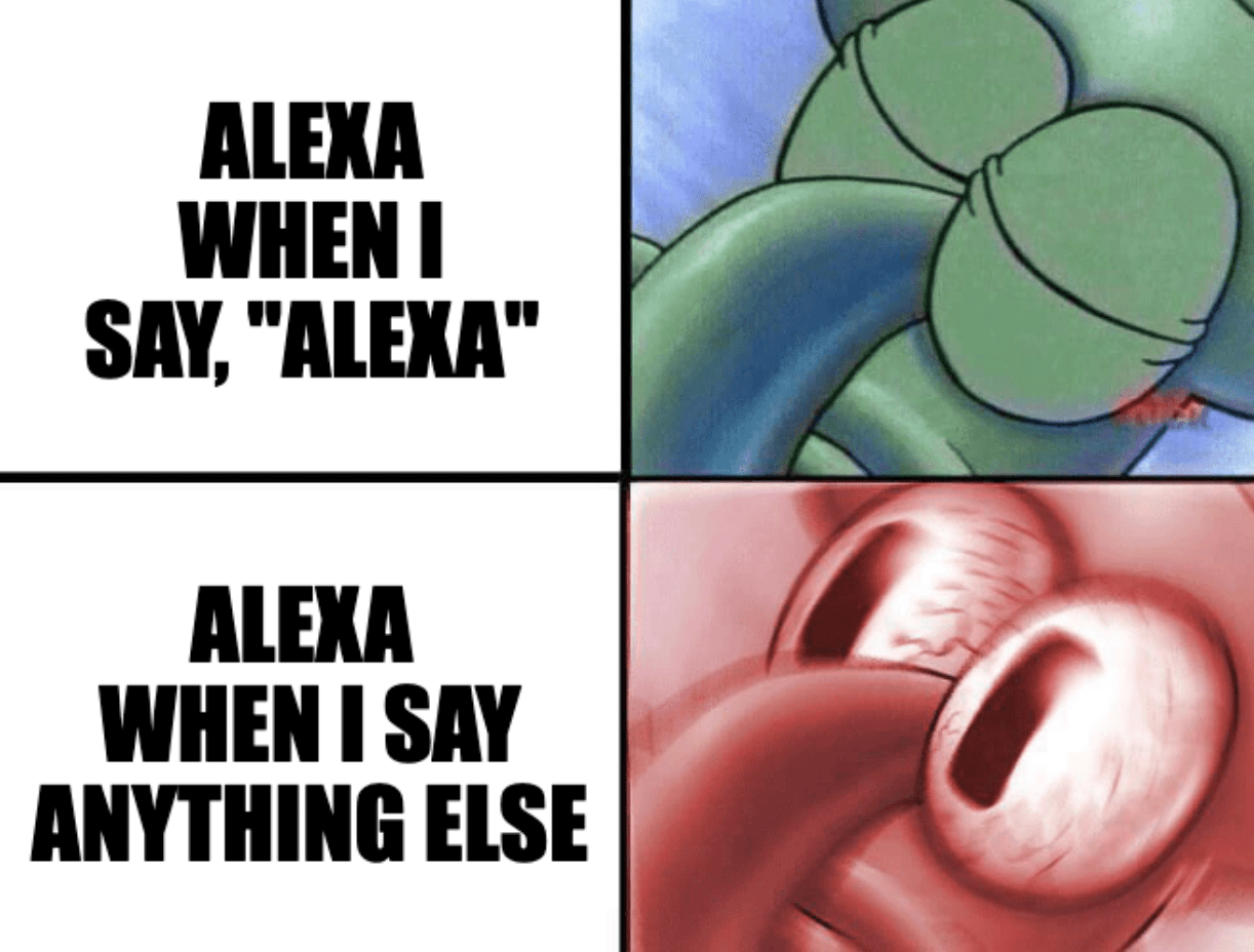A two-panel meme of Squidward from SpongeBob SquarePants with the captions, "Alexa when I say 'Alexa'" (while sleeping) and "Alexa when I say anything else" (while awake)