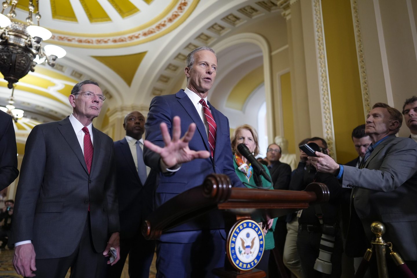 Senate Majority Leader John Thune and Sen. John Barrasso at the Capitol on Tuesday.