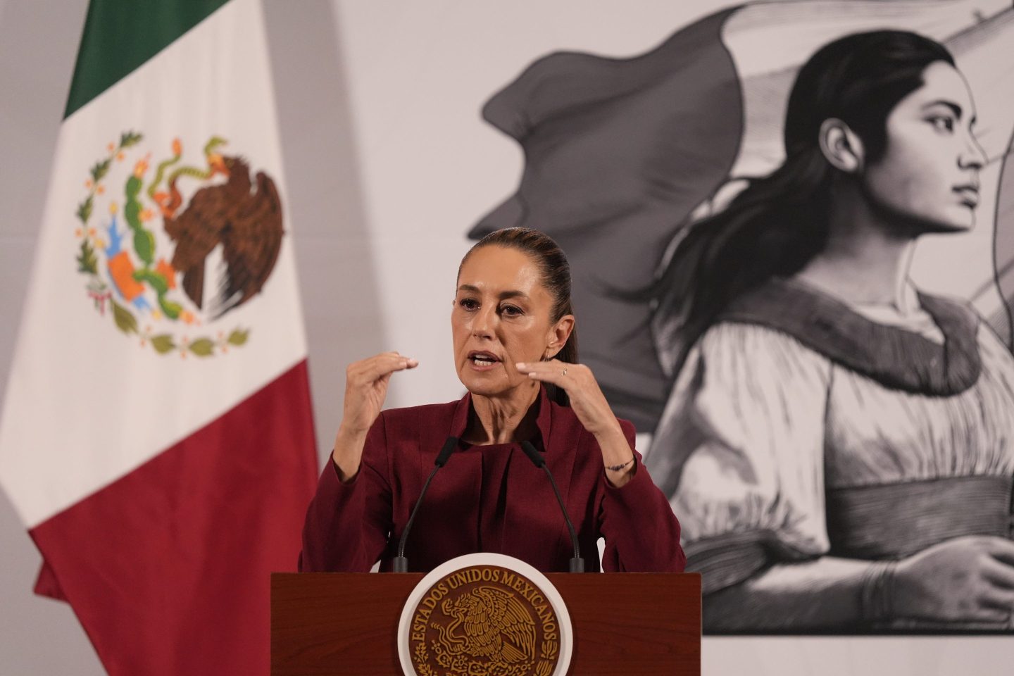 Mexican President Claudia Sheinbaum gives her morning press conference at the National Palace in Mexico City, Wednesday, April 2, 2025.