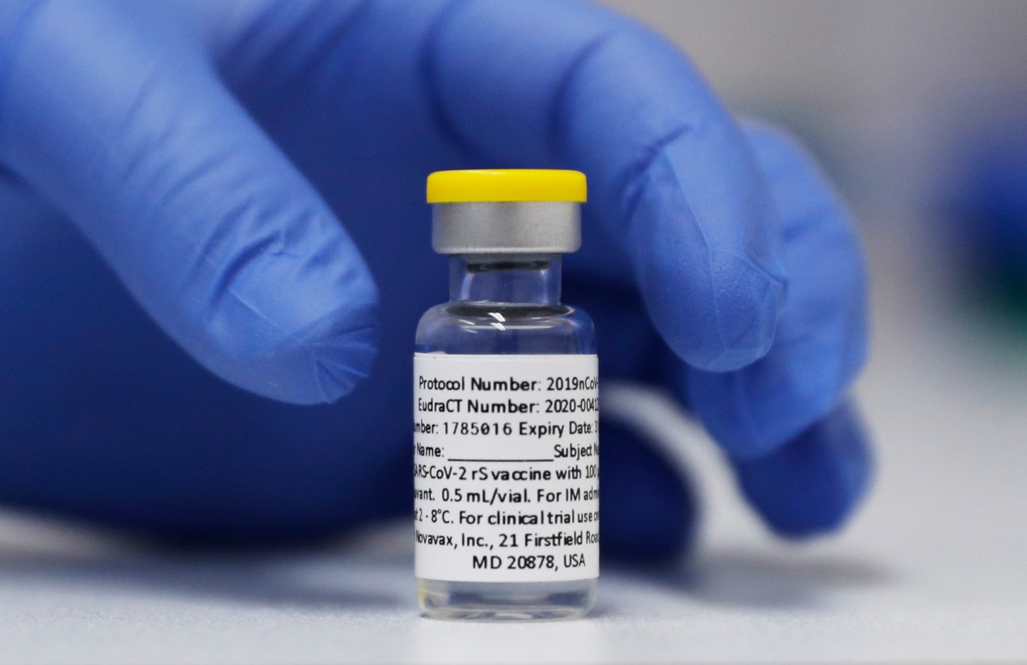 A vial of the Phase 3 Novavax coronavirus vaccine prepared for use in a trial at St. George's University hospital in London, Oct. 7, 2020. 