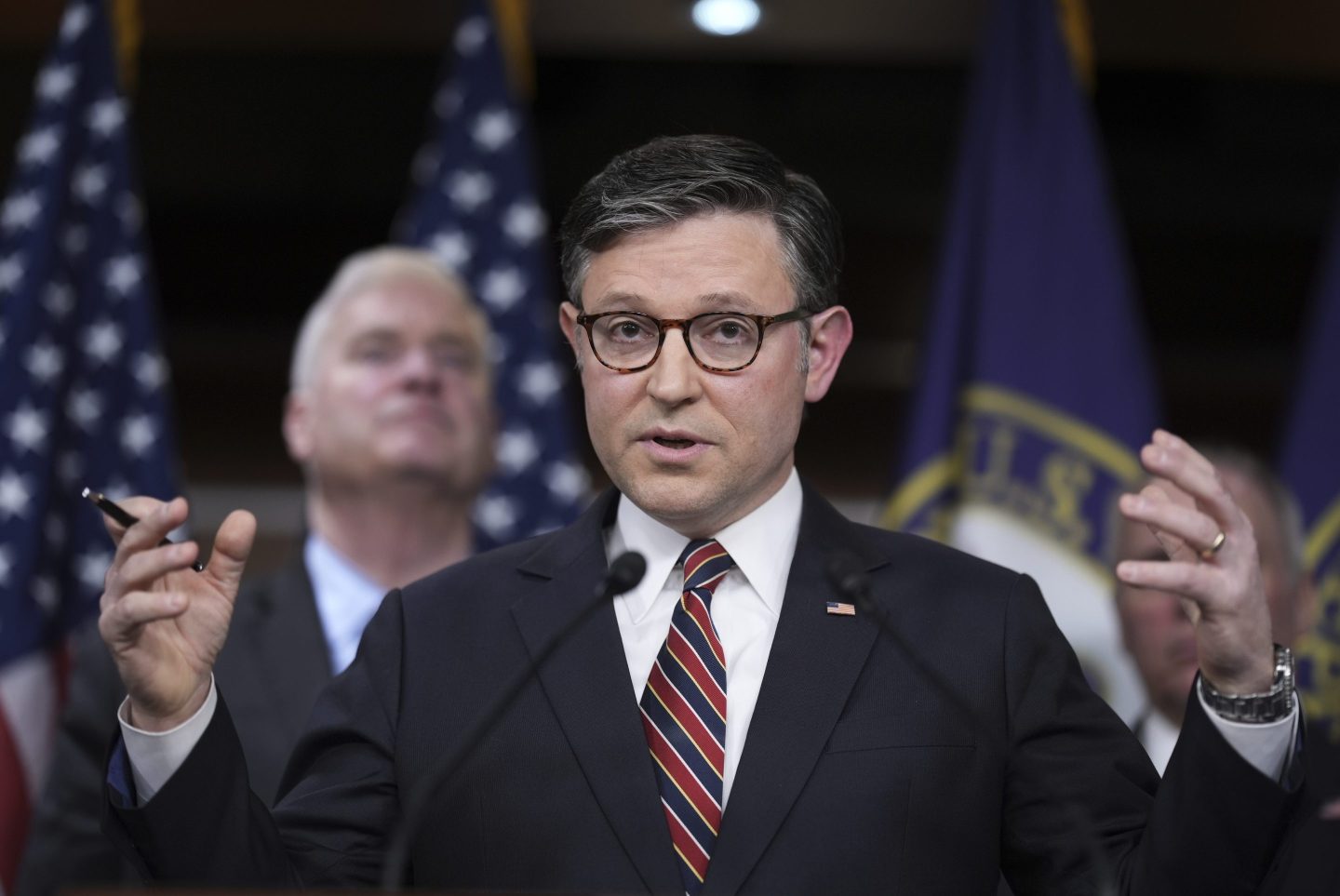 Speaker of the House Mike Johnson, R-La., talks about his push for a House-Senate compromise budget resolution to advance President Donald Trump's agenda, even with opposition from hard-line conservative Republicans, at the Capitol in Washington, on April 8, 2025.