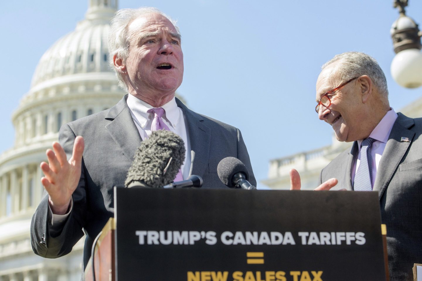 Sen. Tim Kaine, D-Va., during a news conference regarding President Donald Trump's tariffs on Canada, at the Capitol, on April 1.