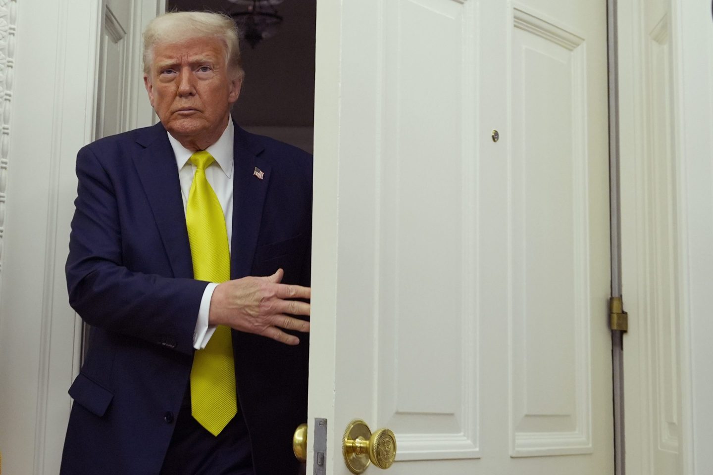 President Donald Trump arrives at a swearing in ceremony for Dr. Mehmet Oz to be Administrator of the Centers for Medicare and Medicaid Services, in the Oval Office of the White House, on April 18, 2025.