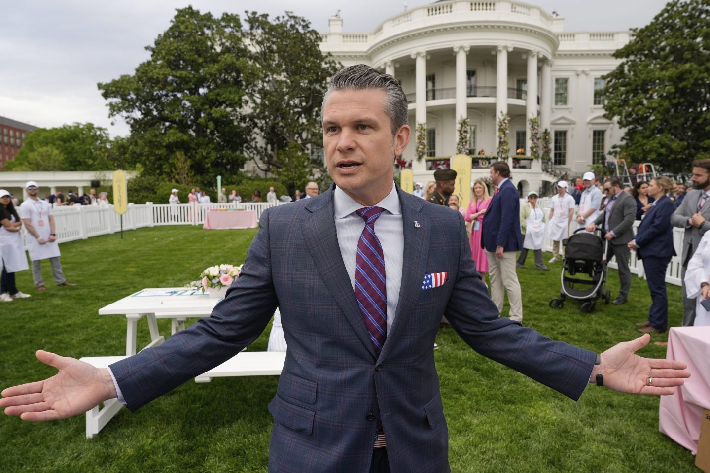 Defense Secretary Pete Hegseth speaks on the South Lawn of the White House before President Donald Trump and first lady Melania Trump participate in the White House Easter Egg Roll on April 21, 2025, in Washington.