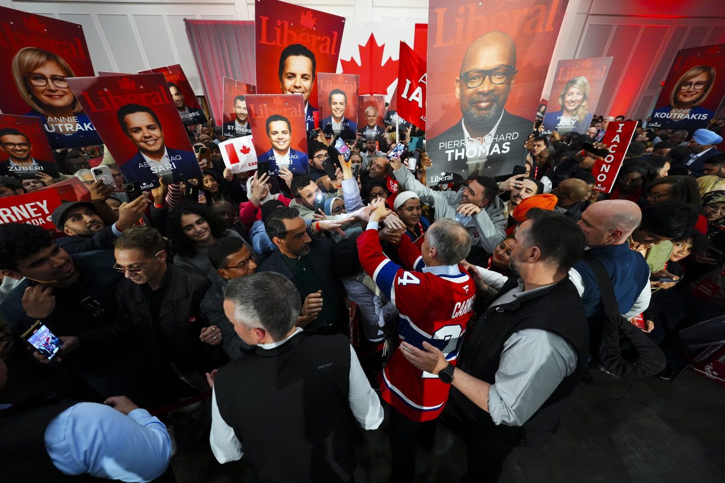 Canada's Liberal leader, Prime Minister Mark Carney, holds a rally in Laval, Quebec, on April 22, 2025.