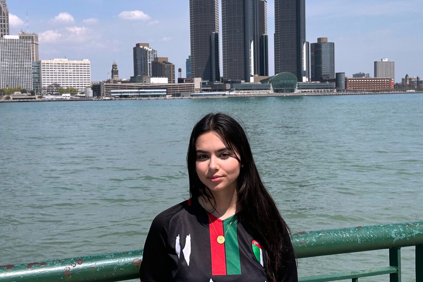 Yara Alfaqeeh, 20, stands along the Windsor, Ontario, Canada side of the Detroit River on April 23, 2025.