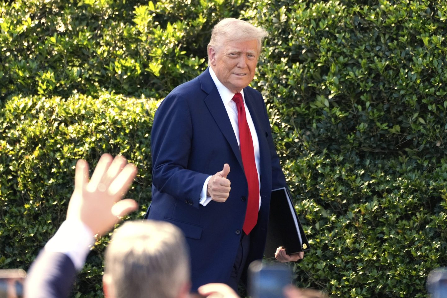 President Donald Trump arrives to welcome the Super Bowl champion Philadelphia Eagles NFL football team to the South Lawn of the White House, on April 28, 2025, in Washington.