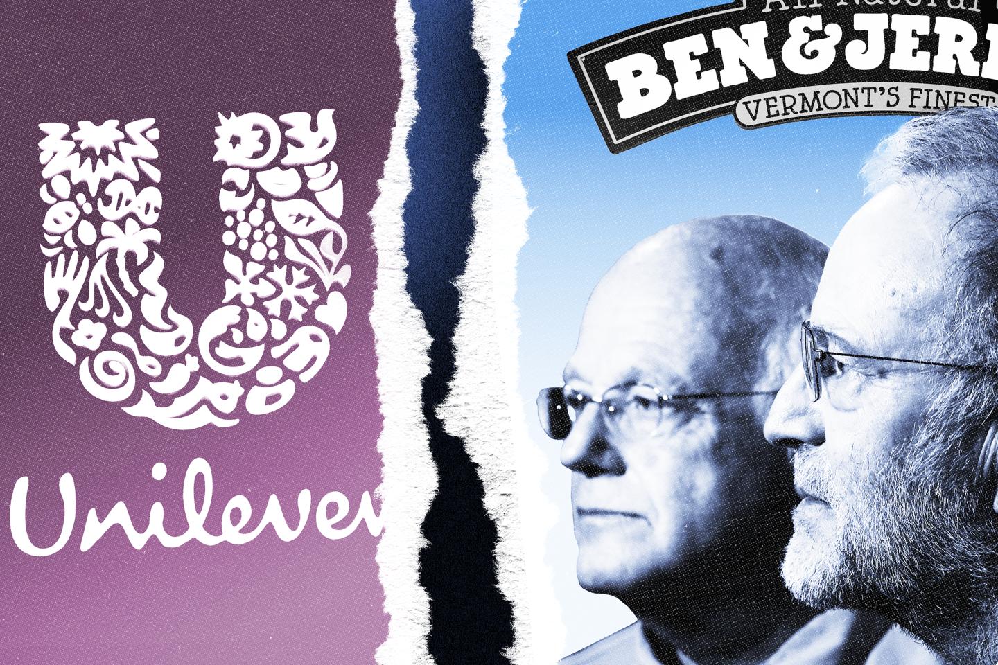 A unilever logo and an image of Ben & Jerry's founders