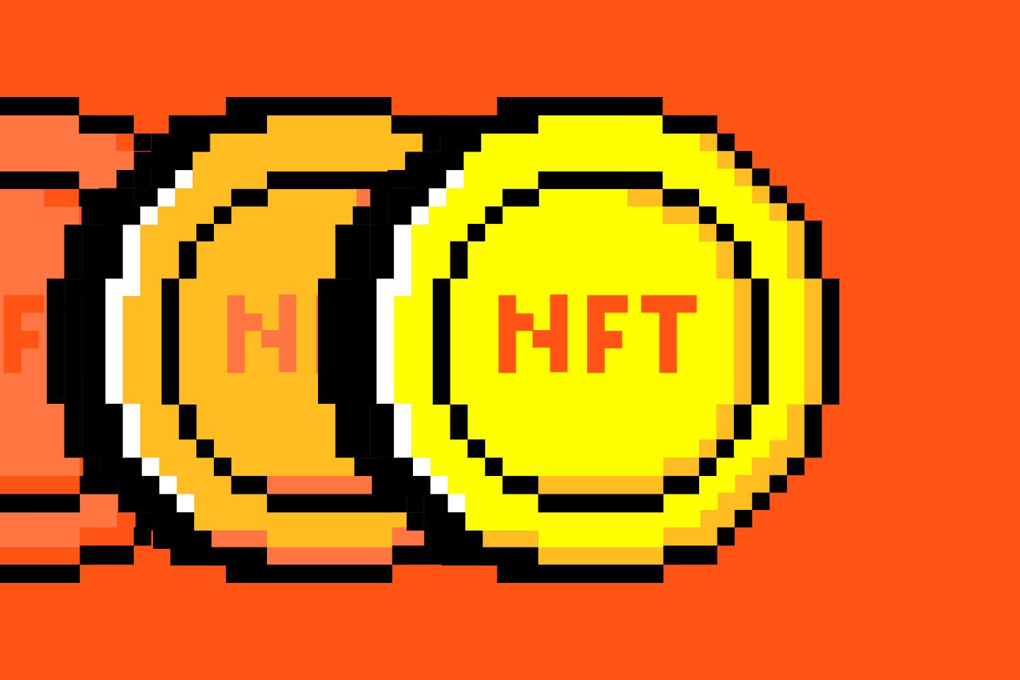 A picture of three gold coins with the term NFT inscribed on them.