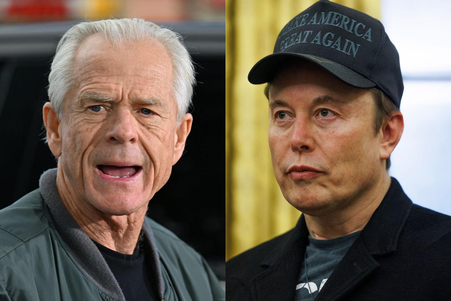 L-R: Peter Navarro, a Trump trade advisor, and Elon Musk, Tesla CEO and DOGE boss.