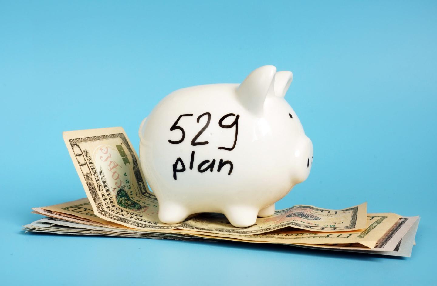 A piggy bank on a pile of cash with 529 plan written on it.