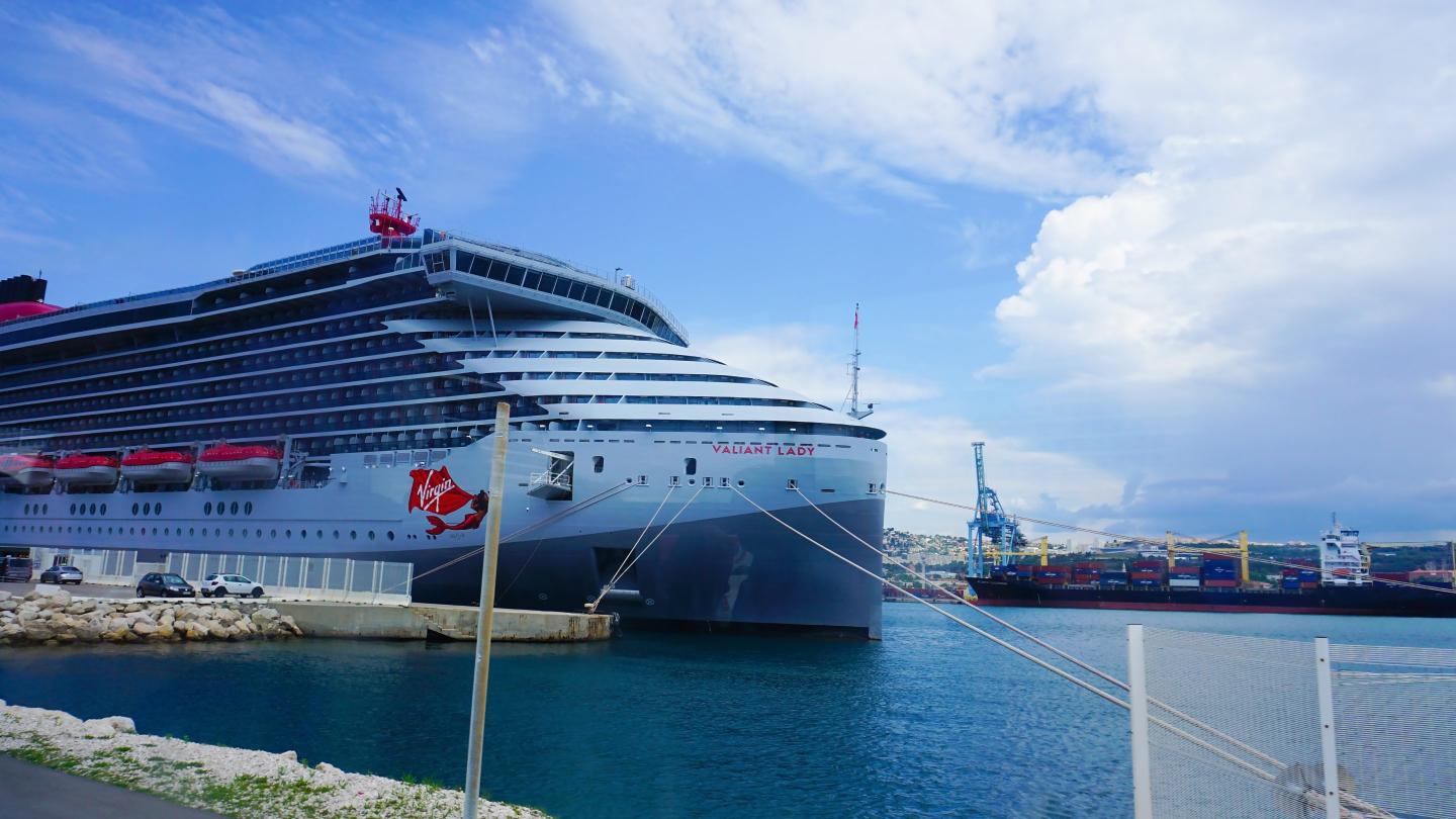 View of the Virgin Voyages cruise ship Valiant Lady calling at the port of Marseille.