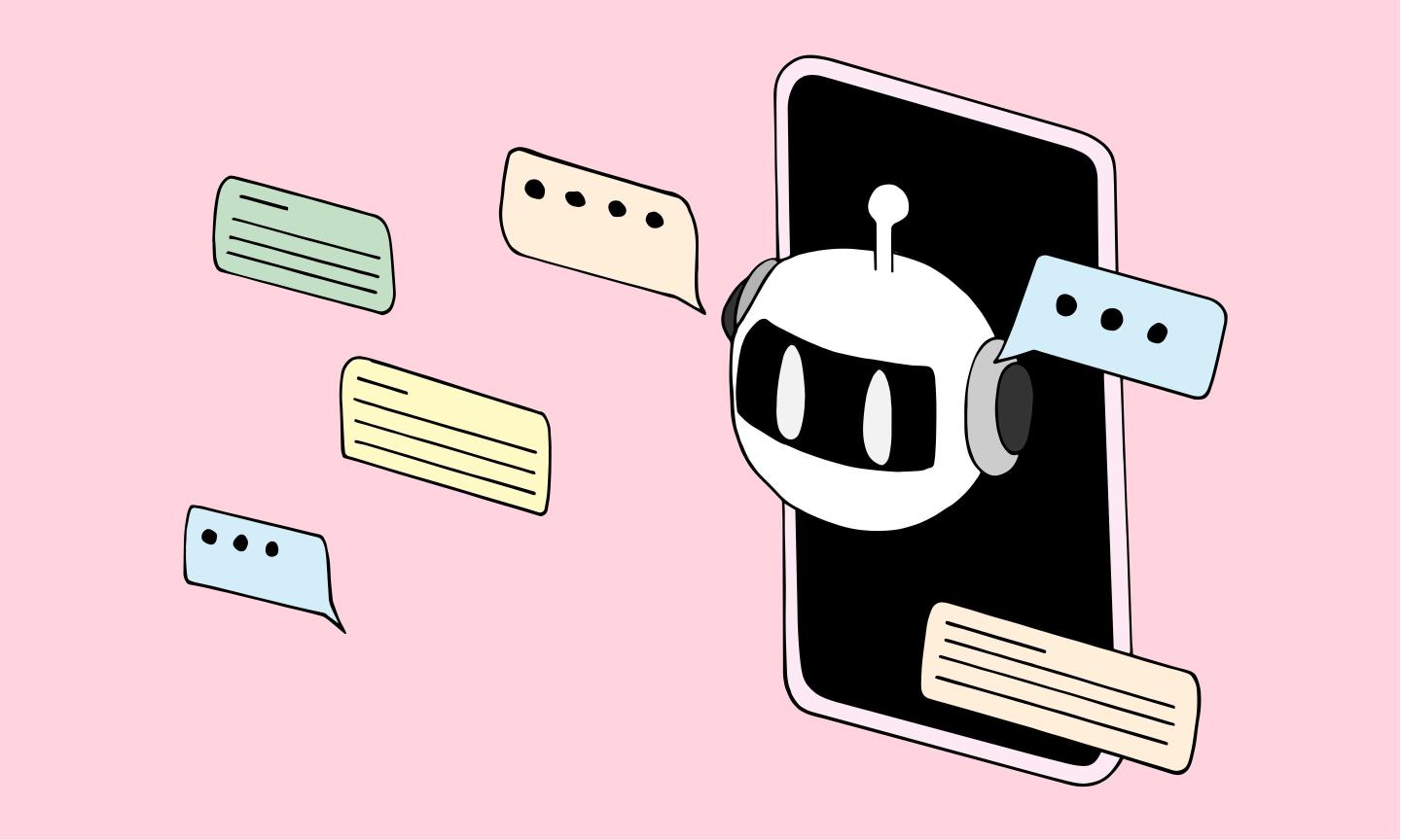 An illustration of a phone with a talking character coming out of it.