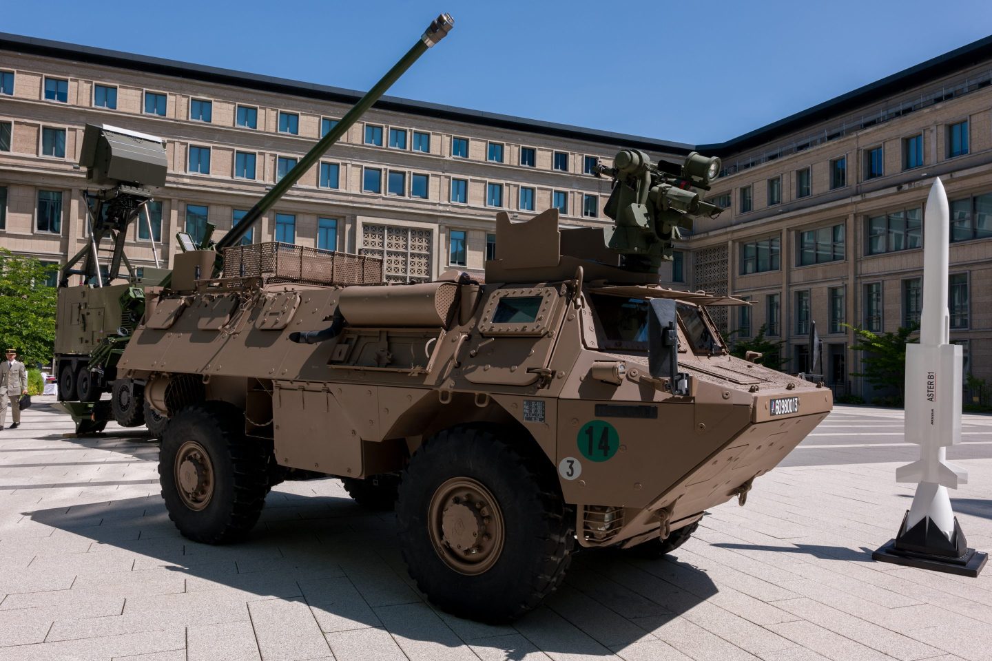 An armoured vehicle and an Aster missile from MDBA in PARIS, FRANCE on 07 June 2024. At the French Ministry of Defense during signature of contracts between KNDS and Ukraine.