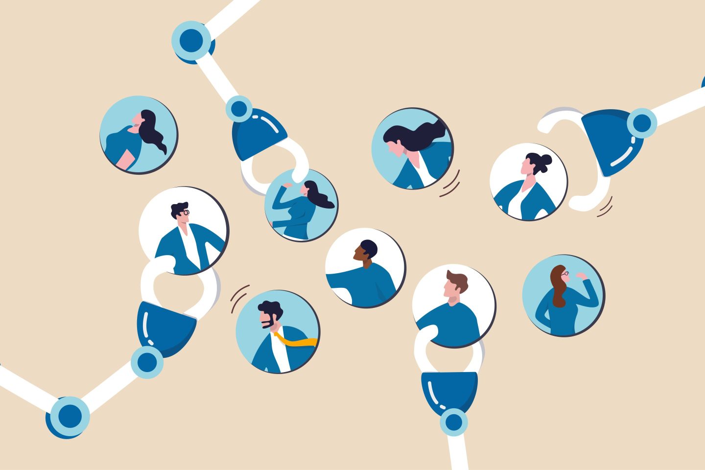 Robot arms choosing illustrations of people to suggest AI recruiting tools.