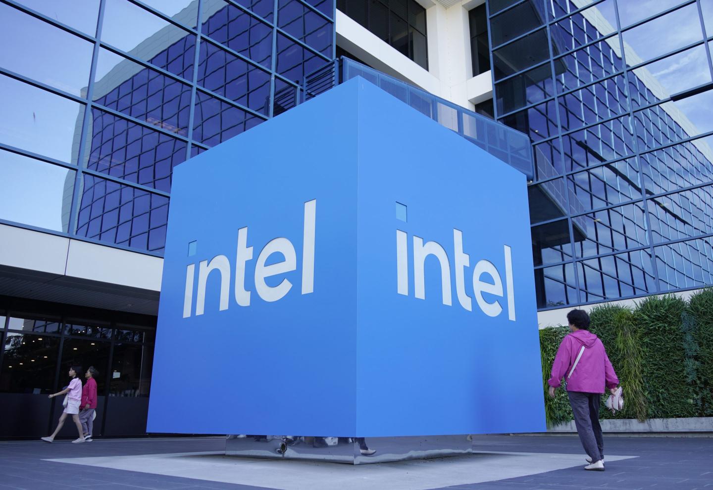people walking by Intel headquarters