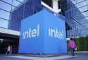 people walking by Intel headquarters