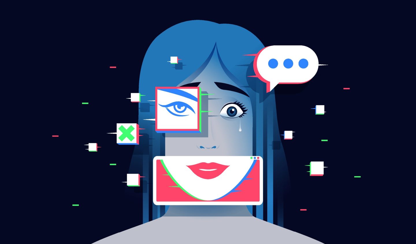 In illustration of a woman with overlaying images to suggest a fake identity.