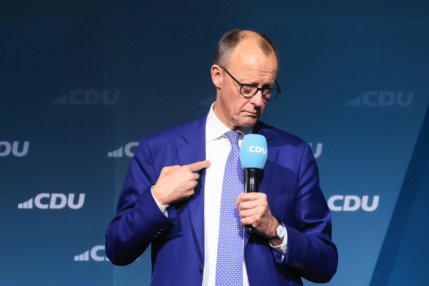 Friedrich Merz, leader of the Christian Democratic Union (CDU), at a general election campaign rally in Dresden, Germany, on Thursday, Jan. 30, 2025. Merz, whose CDU/CSU coalition is leading polls by double digits, upended the election campaign Wednesday by accepting votes from the nationalist Alternative for Germany to pass a hard-line migration resolution through parliament.