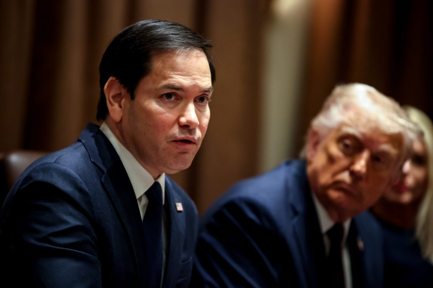 Marco Rubio (L) arrives in Brussels on Thursday for two days of meetings with his NATO counterparts and European officials.