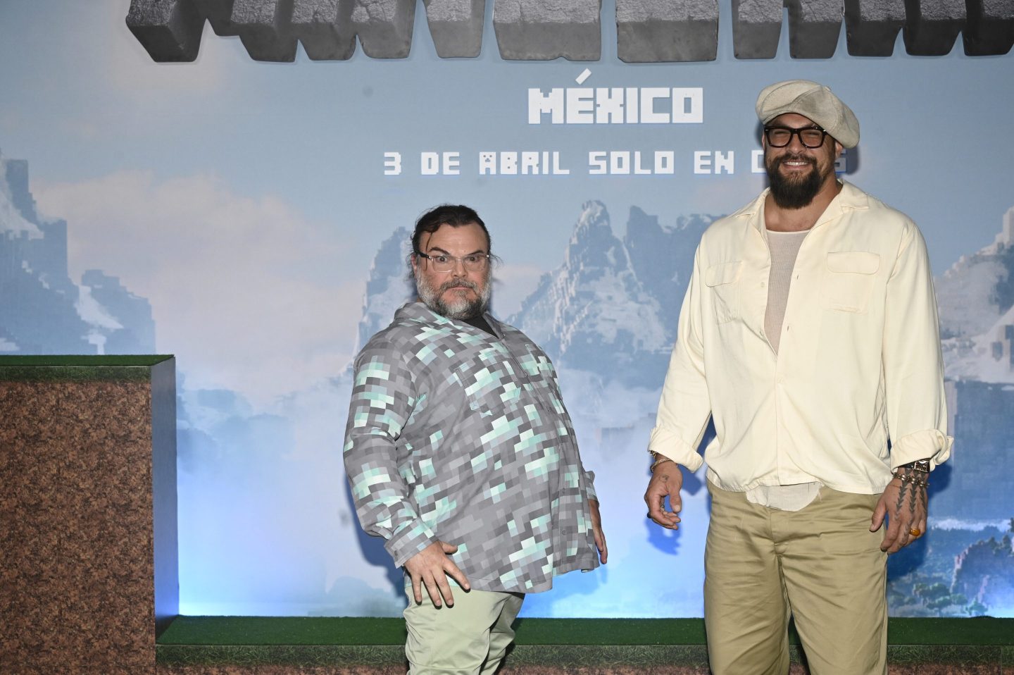Actors Jack Black and Jason Momoa attend the Mexico photocall of 'A Minecraft Movie'