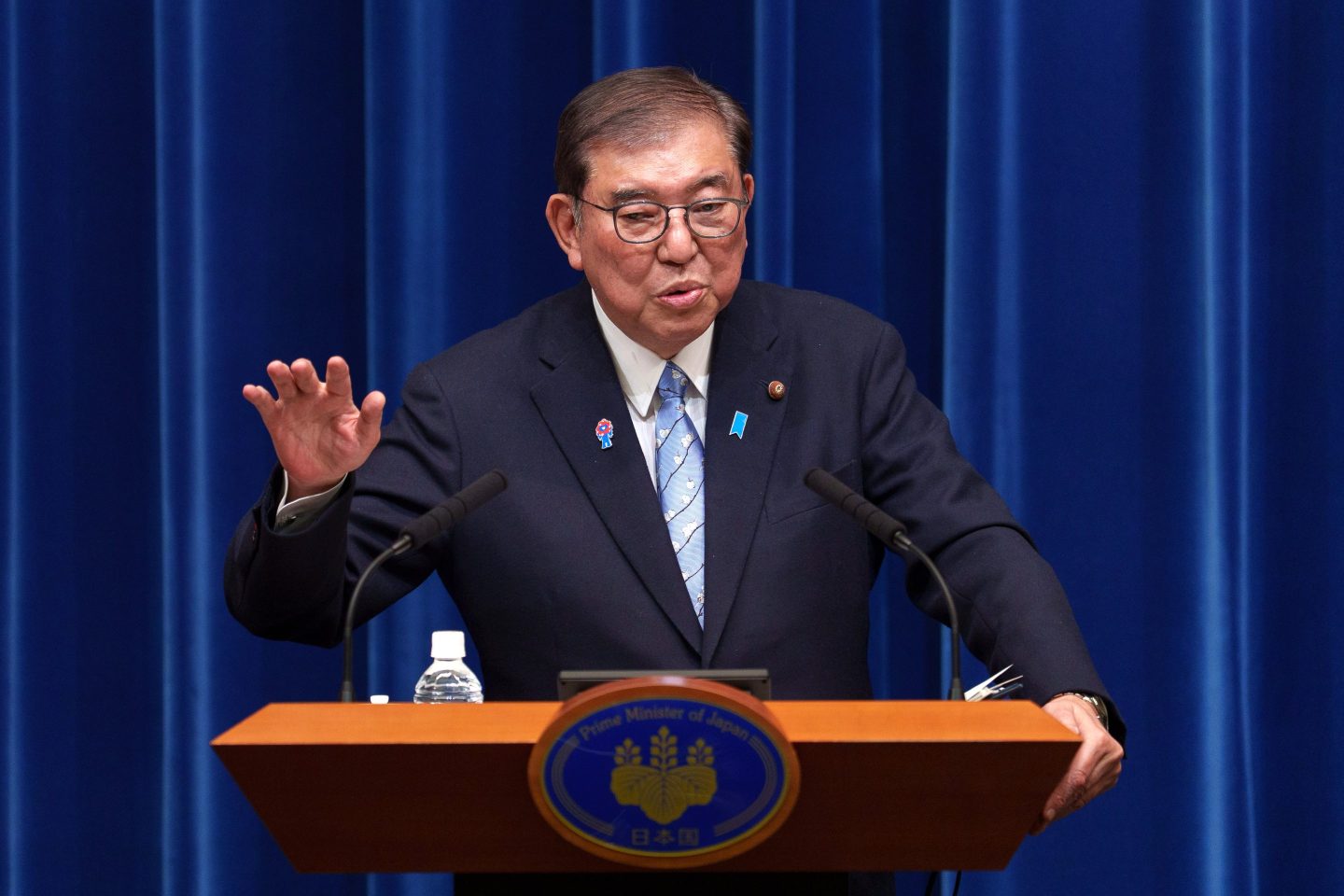 Japan's prime minister Shigeru Ishiba speaking at a news conference in Tokyo on April 1, 2025.